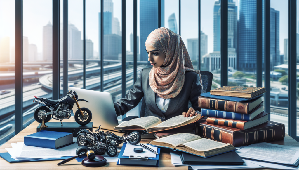 An experienced lawyer studying a complex motorcycle accident case on a large cluttered desk, surrounded by legal books, documents, a laptop, and a model motorcycle, in a professional office setting with a view of the city through the window.