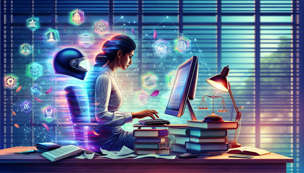 Digital artwork depicting a person researching on a computer, surrounded by books and documents, with visible icons or holograms of legal scales, motorcycle, and a helmet, in a modern, bright office setting.