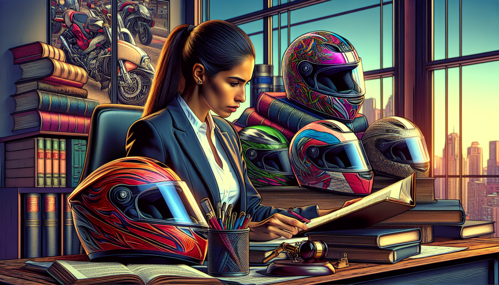 Create an image of a determined and professional lawyer in a modern office, surrounded by motorcycle helmets and legal books, reviewing a case file with a serious expression, daytime cityscape visible through the window behind.