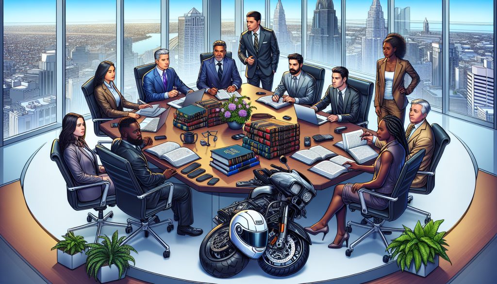 An intense and detailed digital illustration of a diverse group of motorcycle injury lawyers brainstorming around a large, modern conference table, with legal books, laptops, and motorcycle helmets scattered around, set in a sleek, high-tech law office with views of a bustling city skyline in the background.