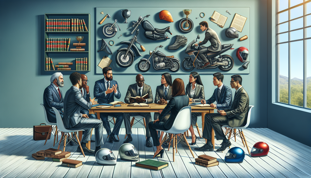 A serene office environment where a diverse group of professional lawyers specializing in moped accidents are engaged in discussion, with legal books, helmets, and moped parts subtly integrated into the background decor.