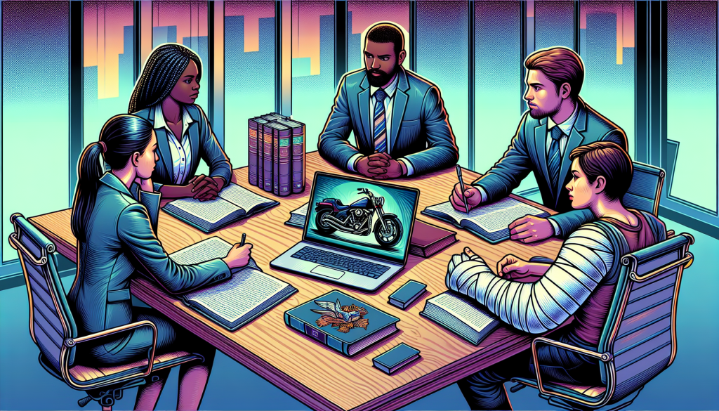 An intricately detailed office setting with a diverse group of professionals, including a lawyer, a paralegal, and an injured person with a cast on their arm, gathered around a large table covered with documents, a laptop displaying a motorcycle accident report, and legal books, brainstorming and discussing a motorcycle accident injury claim.