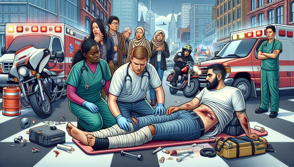 An illustrative scene showing a paramedic team attending to a motorcyclist with common injuries such as a broken leg and road rash at the site of a city traffic accident, with concerned bystanders and emergency vehicles in the background, depicted in a realistic and sensitive manner.