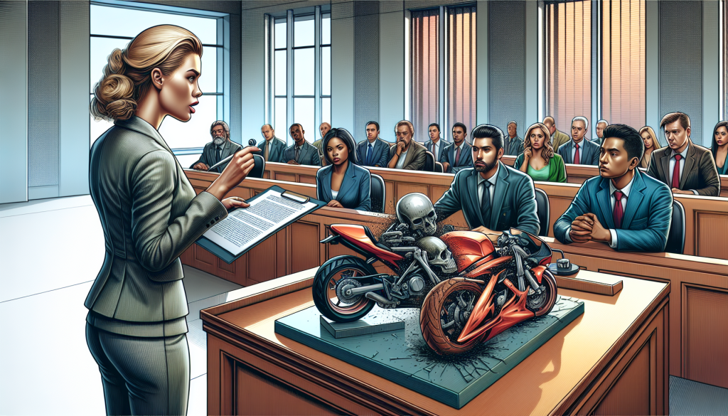 An intense courtroom scene depicting a motorcycle accident litigation with lawyers presenting evidence, a detailed accident reconstruction model on display, and a focused, diverse jury listening intently.
