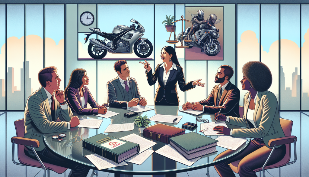 An illustration showing a detailed, professional consultation between a diverse group of people and a lawyer in a modern law office, focusing on the explanation of rights and procedures in a motorcycle injury claim. The image should feature legal documents, motorcycle imagery, and a friendly yet serious atmosphere.