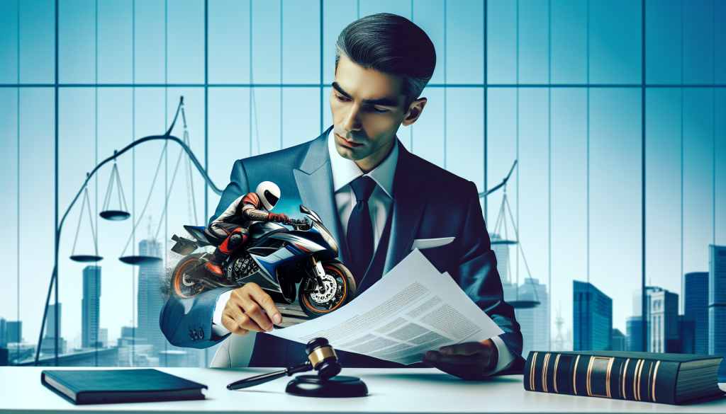 An experienced lawyer in a sharp suit examining a detailed Harley-Davidson motorcycle crash report on a desk, with a large courtroom in the background.