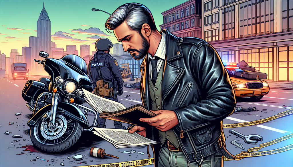 A seasoned lawyer in a leather jacket examining a Harley-Davidson motorcycle at a crash site, with legal documents in hand, set against a backdrop of city streets and police tape.