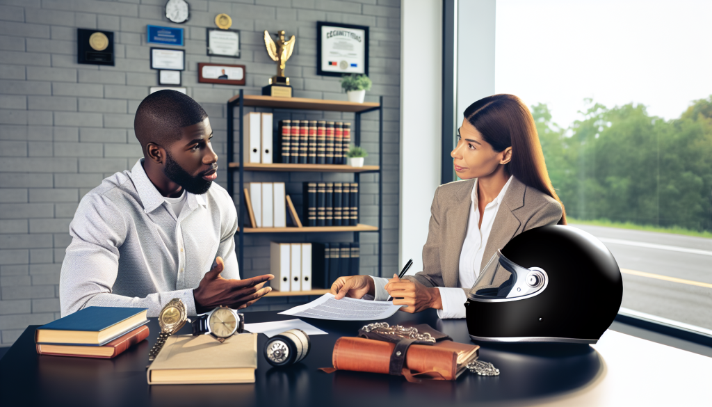 An illustration of a thoughtful client, sitting in a modern office while consulting with a knowledgeable motorcycle accident attorney in Lancaster. The attorney is showing documents and explaining legal strategies. The office is decorated with law books, motorcycle helmets, and accolades related to motorcycle law.