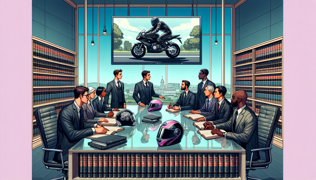 An artistic depiction of a spacious, modern law office in Lancaster, with a diverse group of lawyers discussing motorcycle accident cases around a sleek, glass table. The scene includes detailed law books, motorcycle helmets on shelves, and a large screen displaying 'Vimeo' with a video paused on insights about choosing the right motorcycle accident lawyer.