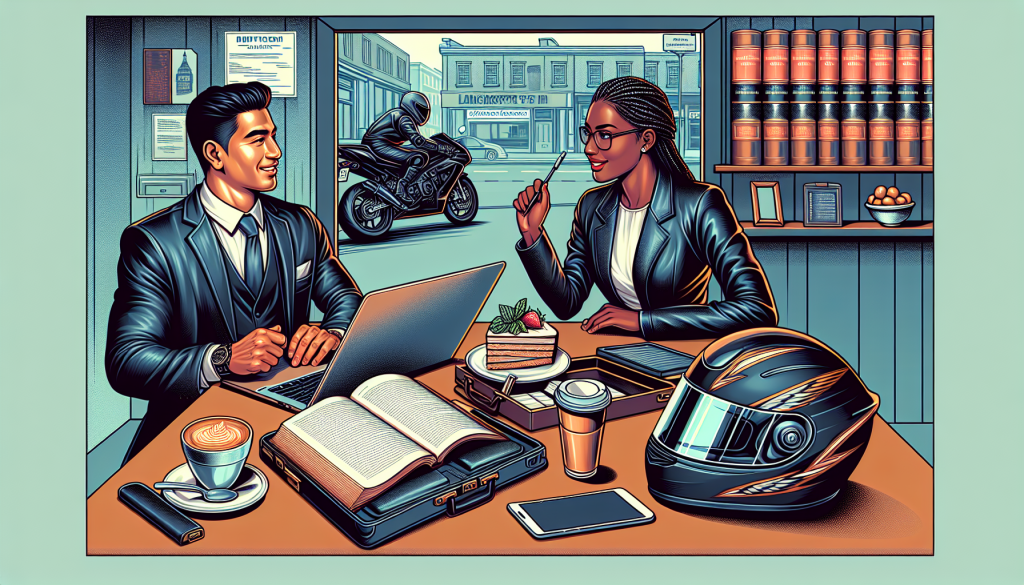 Image of a professional and confident lawyer, with a backdrop of Lancaster streets, discussing a case with a motorcyclist in a cafe. Surrounding them are legal books, a motorcycle helmet on the table, and a laptop showing a presentation about motorcycle law.