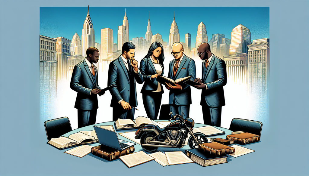 Digital artwork of a diverse group of people in business attire, including a woman and a man, examining documents and discussing strategy around a table filled with legal books and a laptop, with the backdrop showing the New York City skyline, symbolizing a consultation for choosing the right Manhattan motorcycle accident attorney.