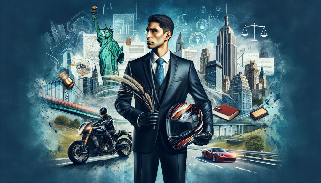 An illustration of a confident and professional motorcycle accident lawyer in Manhattan, standing in front of the New York City skyline, holding a motorcycle helmet in one hand and a law book in the other, with courtroom symbols and legal documents subtly integrated into the background.