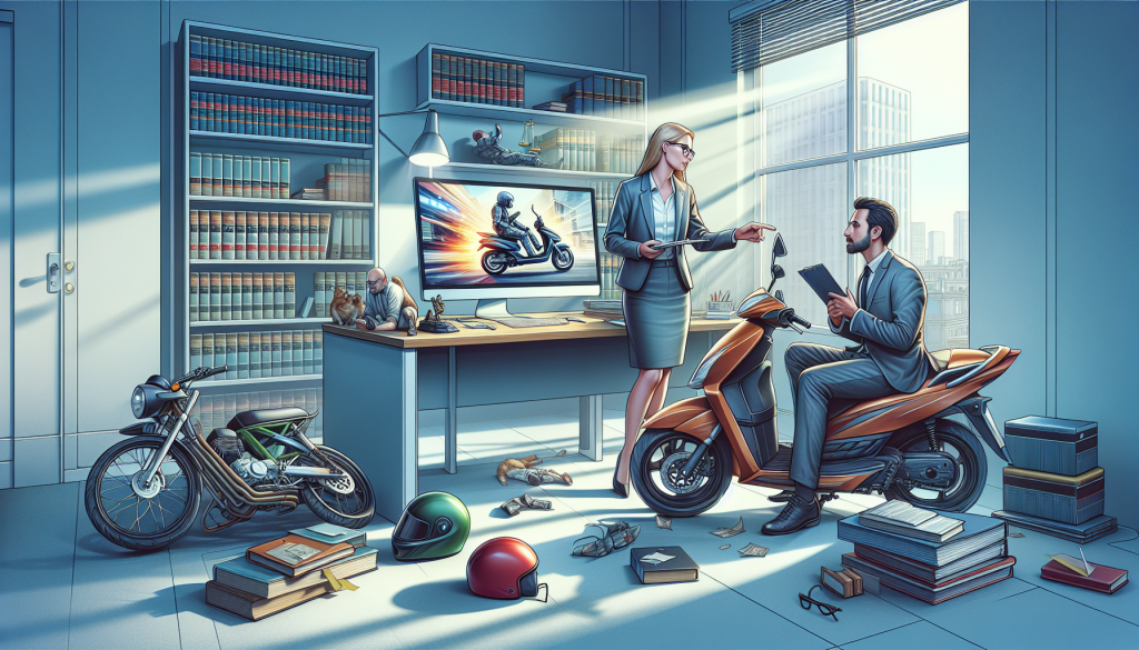 An attentive moped accident attorney consulting with a client in a modern, well-lit office, surrounded by legal books and a computer showing a moped accident simulation scenario on the screen, with safety equipment like helmets visible in the background.