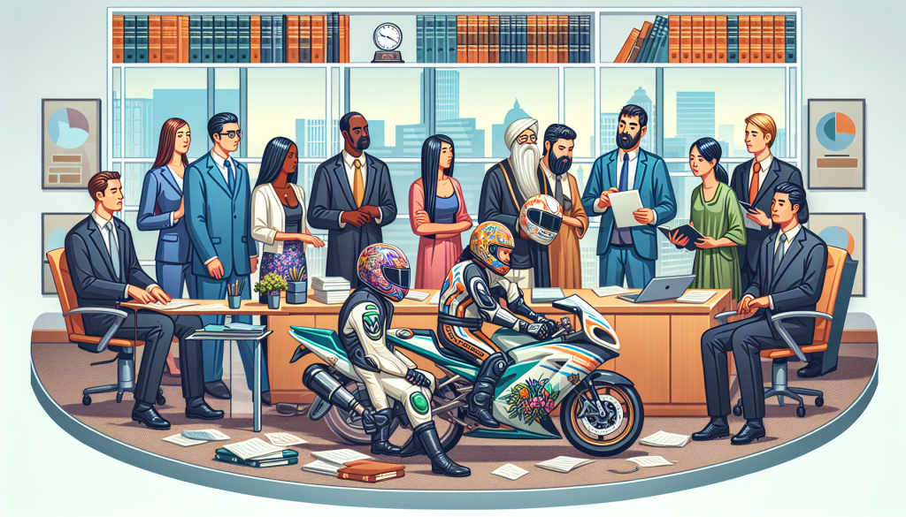 An illustrated scene of a diverse group of motorbike accident victims consulting with professional lawyers in a modern law firm office, emphasizing a supportive and expert legal environment.