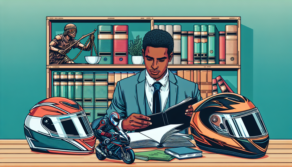An experienced motorbike injury solicitor studying a complex case file, surrounded by motorbike helmets and legal books in a well-organized office.