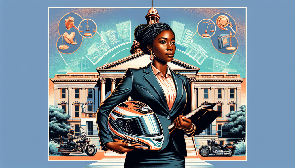 Image of a determined and professional African American female attorney standing in front of the Charleston, South Carolina courthouse, holding a motorcycle helmet in one hand and legal documents in the other, with a digital display featuring key steps to choose the right motorcycle accident attorney in the background.