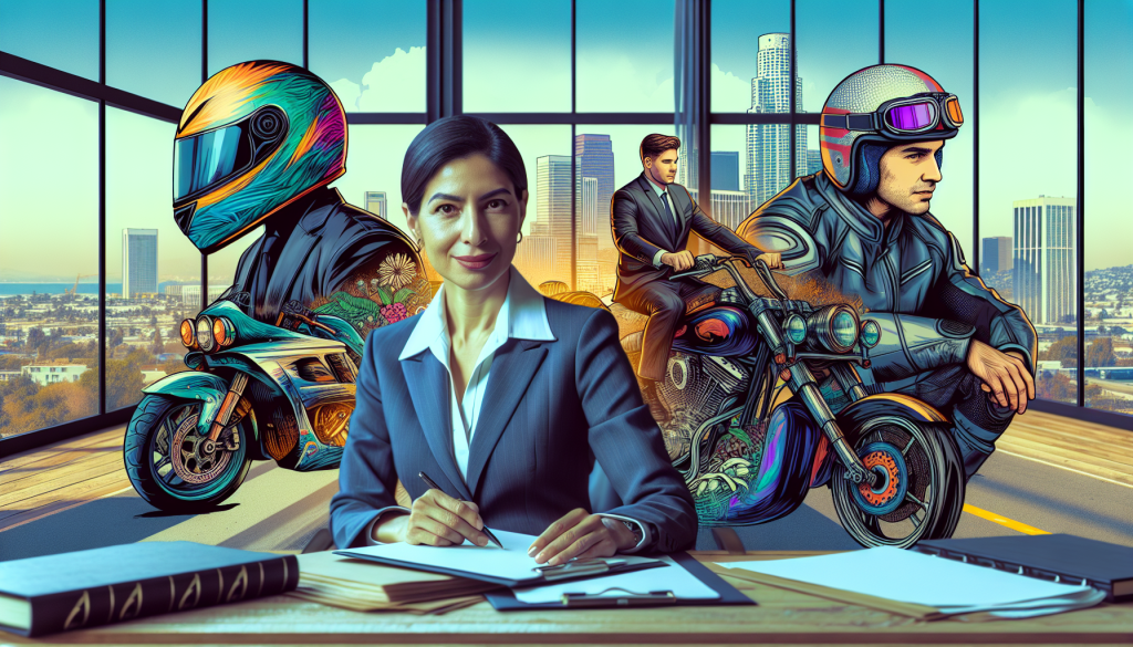 An illustration of a confident, experienced lawyer in a suit, surrounded by various motorcycle elements like helmets and wheels, sitting at a desk in a modern office with views of Long Beach skyline outside the window, consulting with a client who is wearing motorcycle gear.
