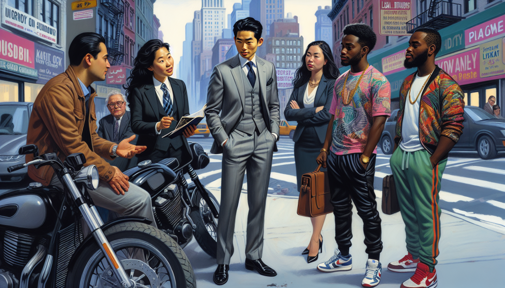 Depiction of a busy Manhattan street scene with a diverse group of people consulting with a professional, confident lawyer about motorcycle safety and legal documents, in a style that echoes a sense of support and expertise.