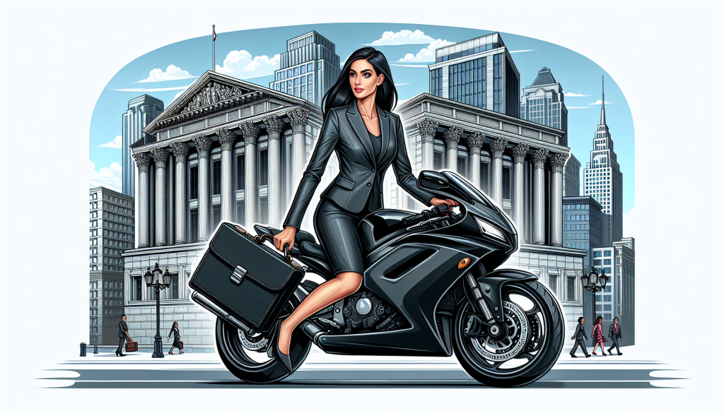 An illustration of a professional lawyer, dressed in a formal dark suit and wearing a briefcase, riding a sleek, modern motorcycle through a busy urban cityscape, with the courthouse visible in the background.