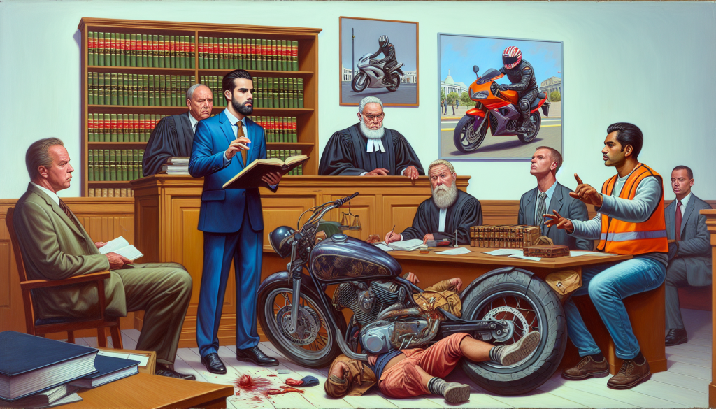 An intricately detailed courtroom scene, depicted in a realistic style, showing a diverse group of people discussing a motorbike crash claim. The focus is on a lawyer explaining rights to a motorbike rider, while a judge listens intently. The background includes legal books and motorbike crash evidence displayed.