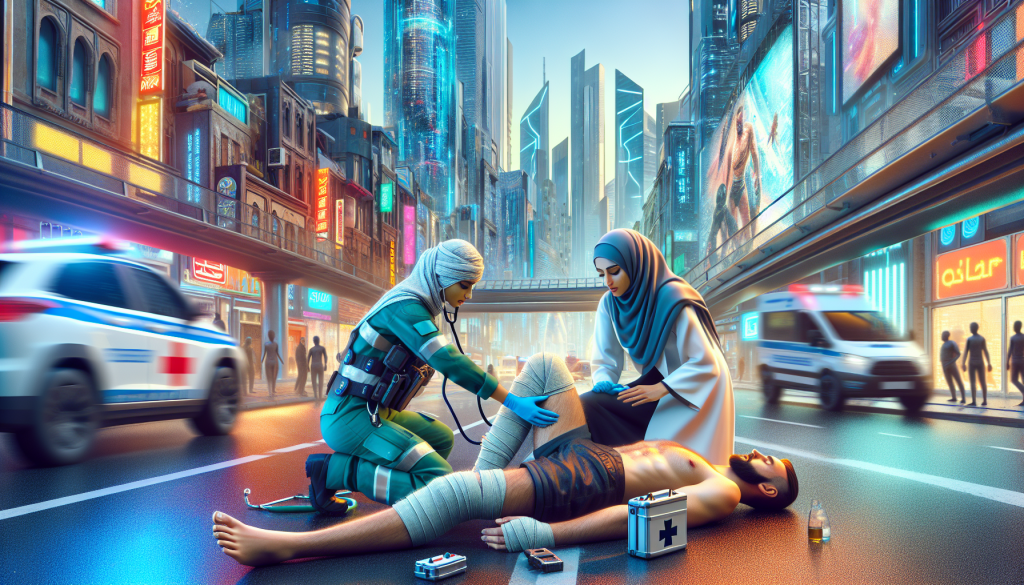 Digital artwork of a paramedic tending to a motorcycle accident victim on a city street, with an emphasis on a leg injury, set in a futuristic urban environment.