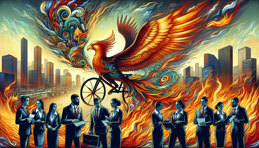 An artistic representation of a phoenix rising from the flames in the form of an intricate bicycle, set against a backdrop of a busy cityscape with lawyers in business suits discussing case files, highlighting a sense of resilience and protection.